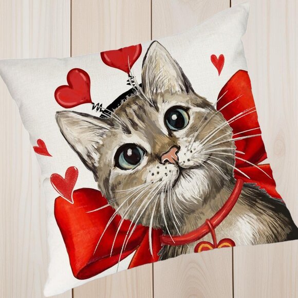 Cat Pillow Cover Valentines Day Decor Heart Decorative Sofa Accent Throw Case - Picture 5 of 5